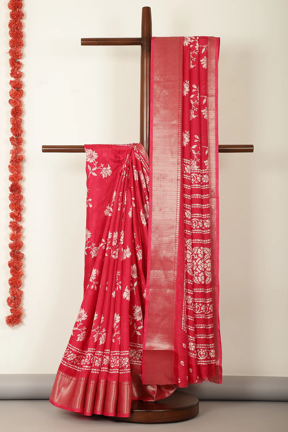Amaranth Color Cotton Silk Block Printed Saree - Image 3