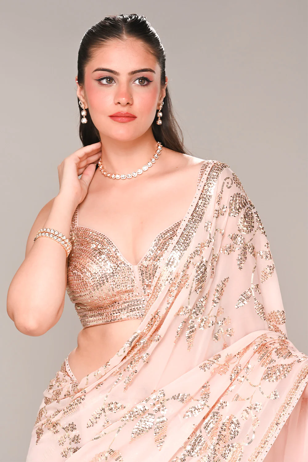 Baby Pink Color Georgette Sequins Embroidered Saree - Image 12