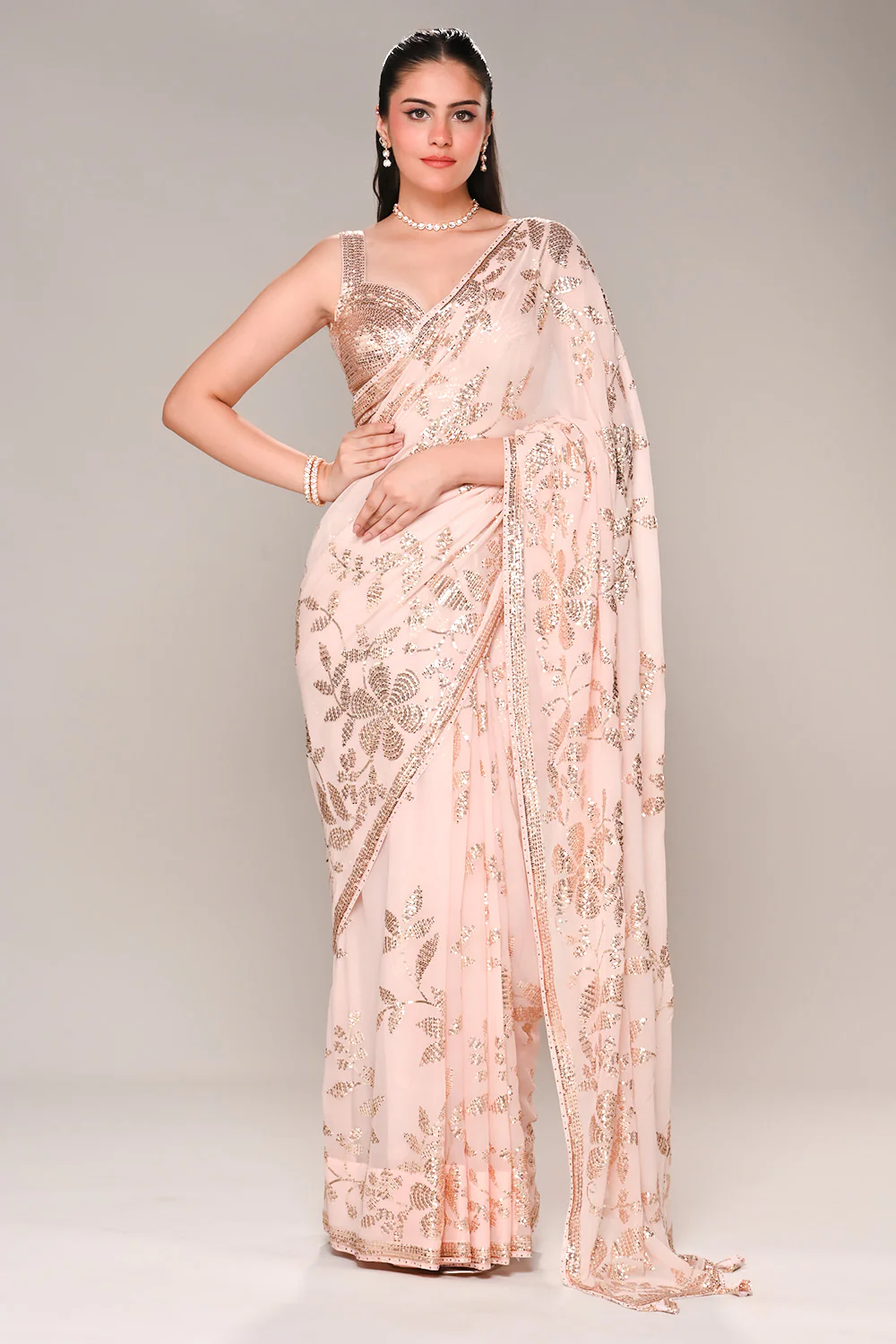 Baby Pink Color Georgette Sequins Embroidered Saree - Image 3