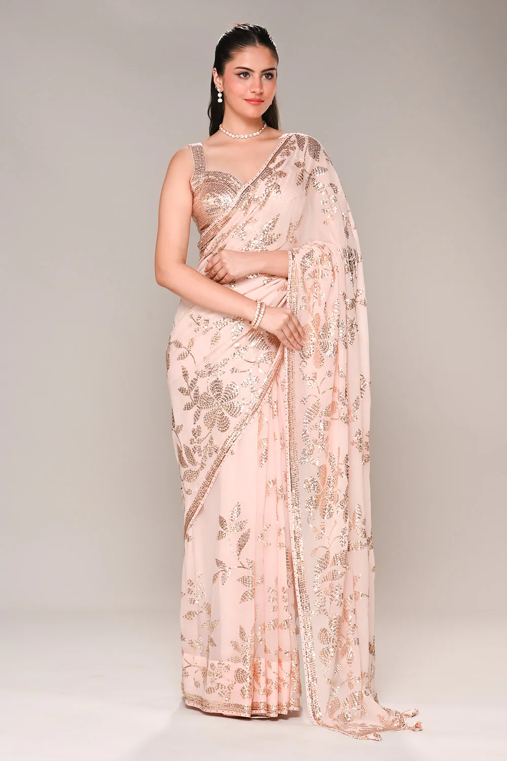 Baby Pink Color Georgette Sequins Embroidered Saree - Image 5