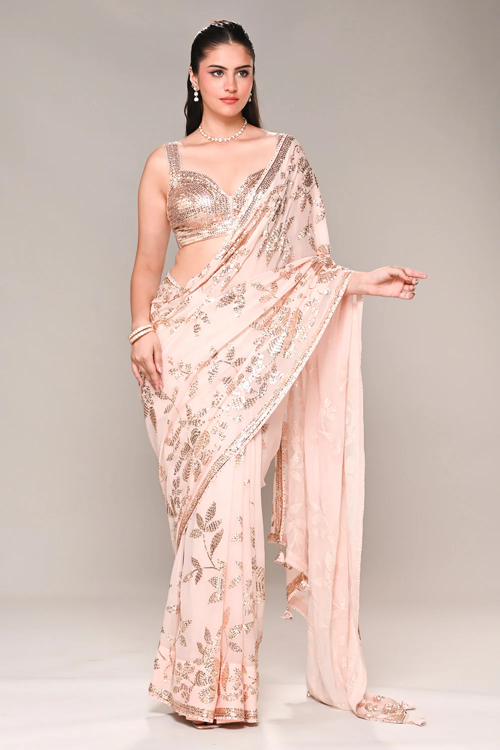 Baby Pink Color Georgette Sequins Embroidered Saree - Image 6