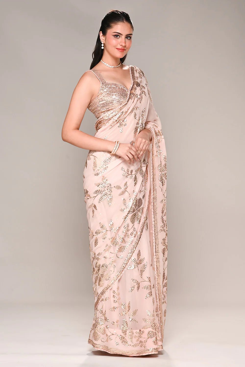 Baby Pink Color Georgette Sequins Embroidered Saree - Image 7