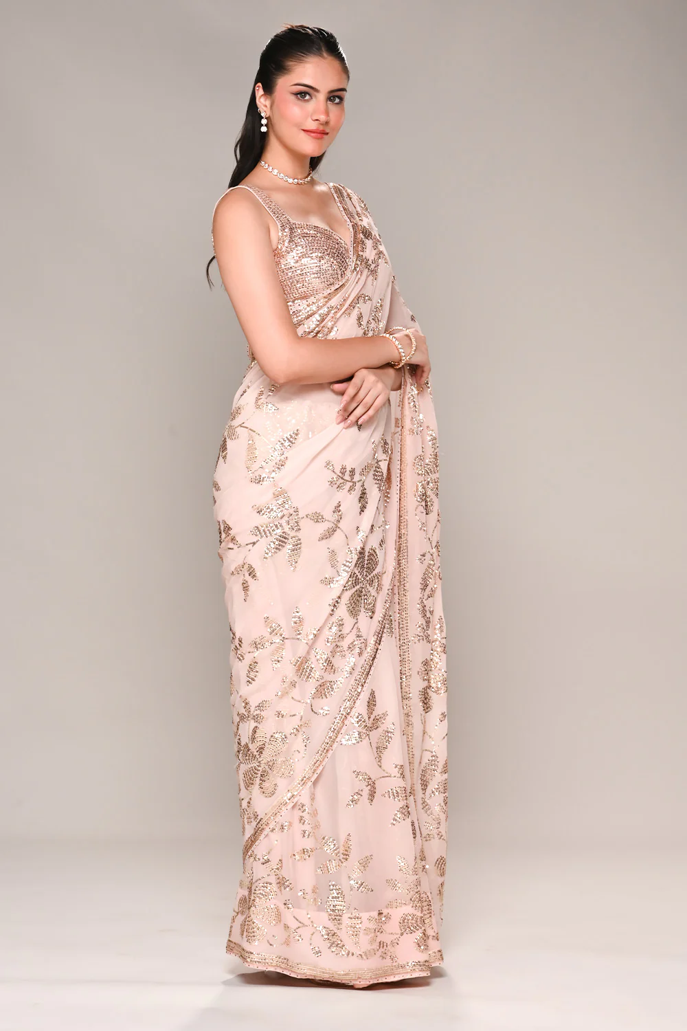 Baby Pink Color Georgette Sequins Embroidered Saree - Image 8