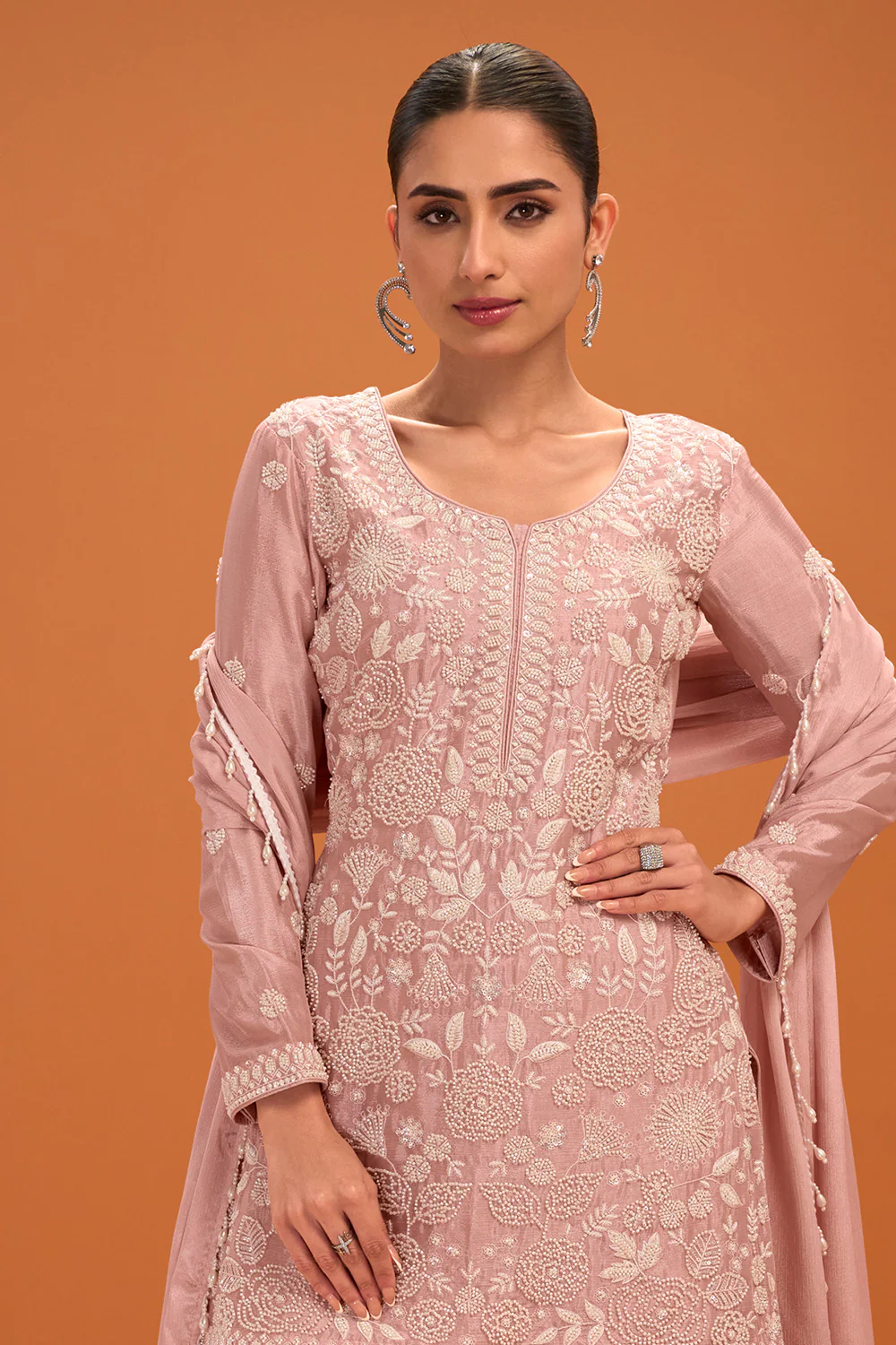 Baby Pink Crepe Silk Cut-Dana and Resham Embroidered Suit with Palazzo - Image 2