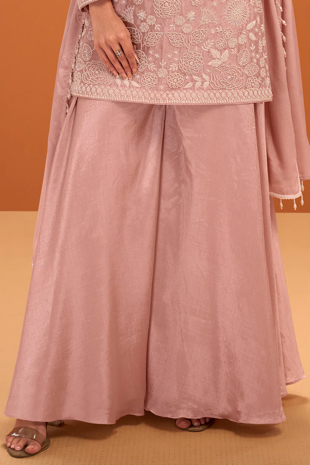 Baby Pink Crepe Silk Cut-Dana and Resham Embroidered Suit with Palazzo - Image 3