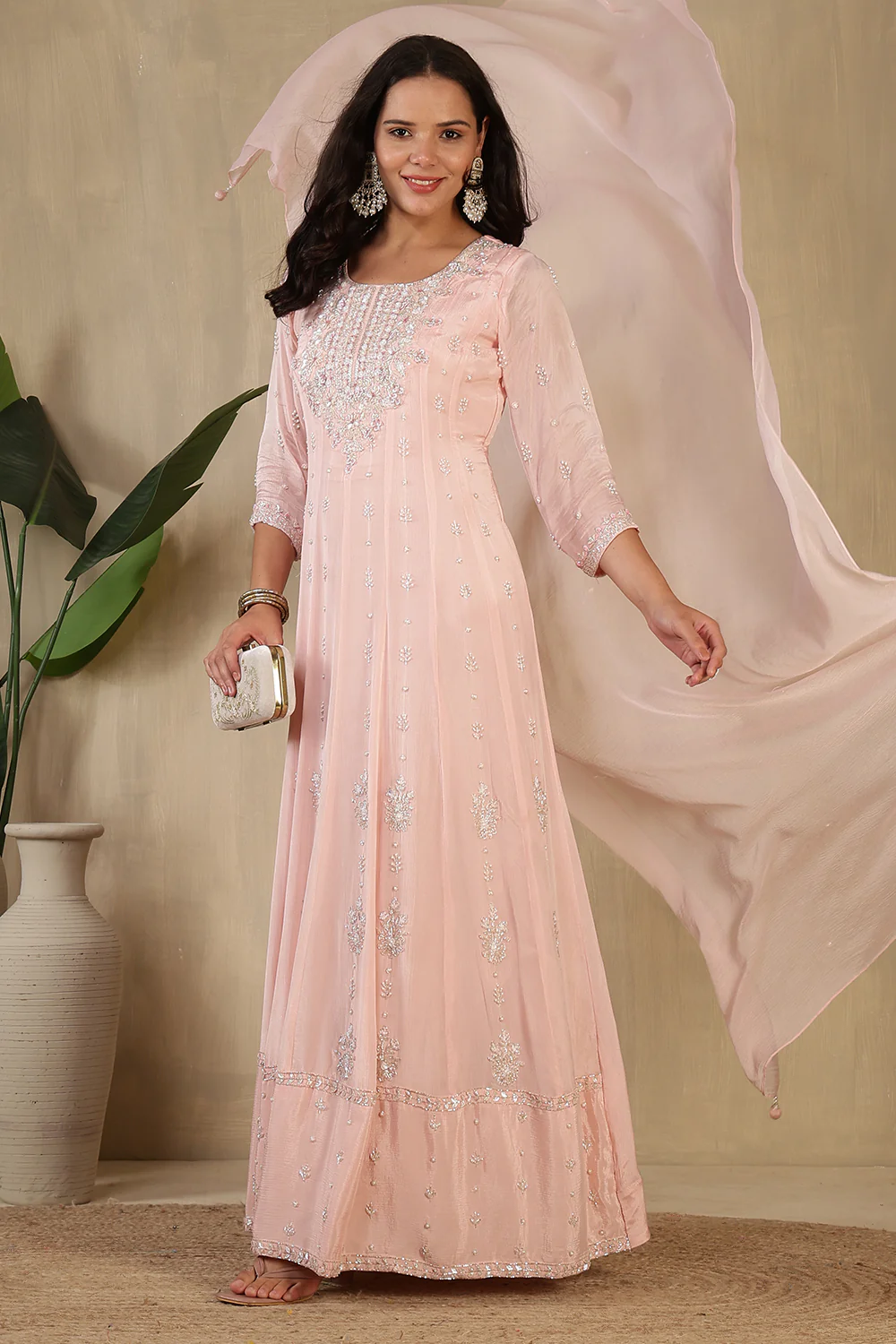 Baby Pink Embroidred Crepe Silk Anarkali Suit - Image 4