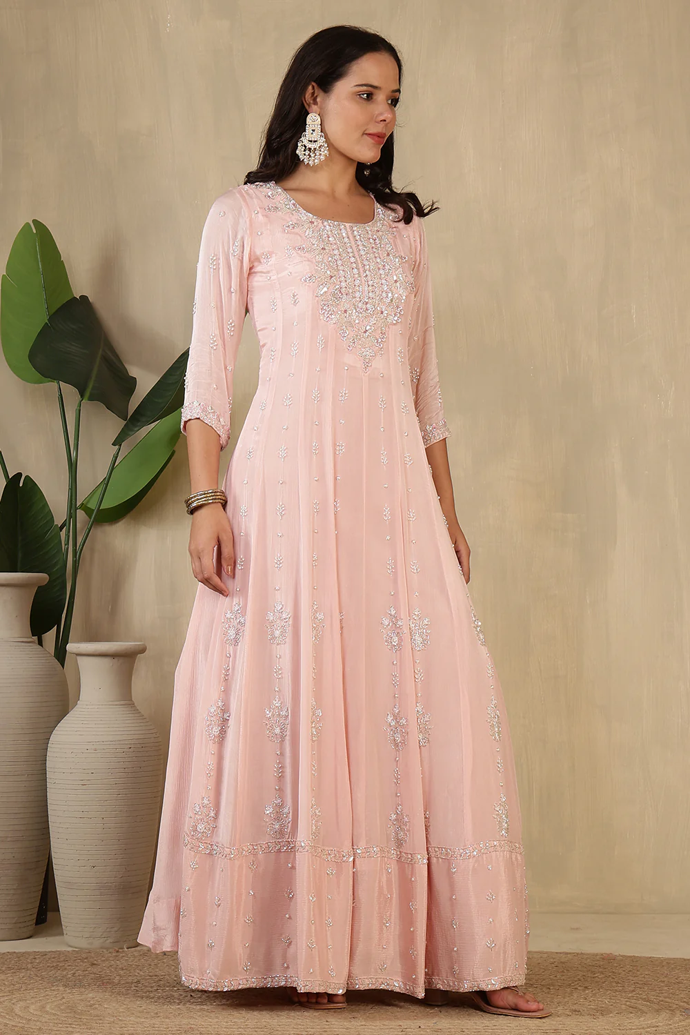 Baby Pink Embroidred Crepe Silk Anarkali Suit - Image 5