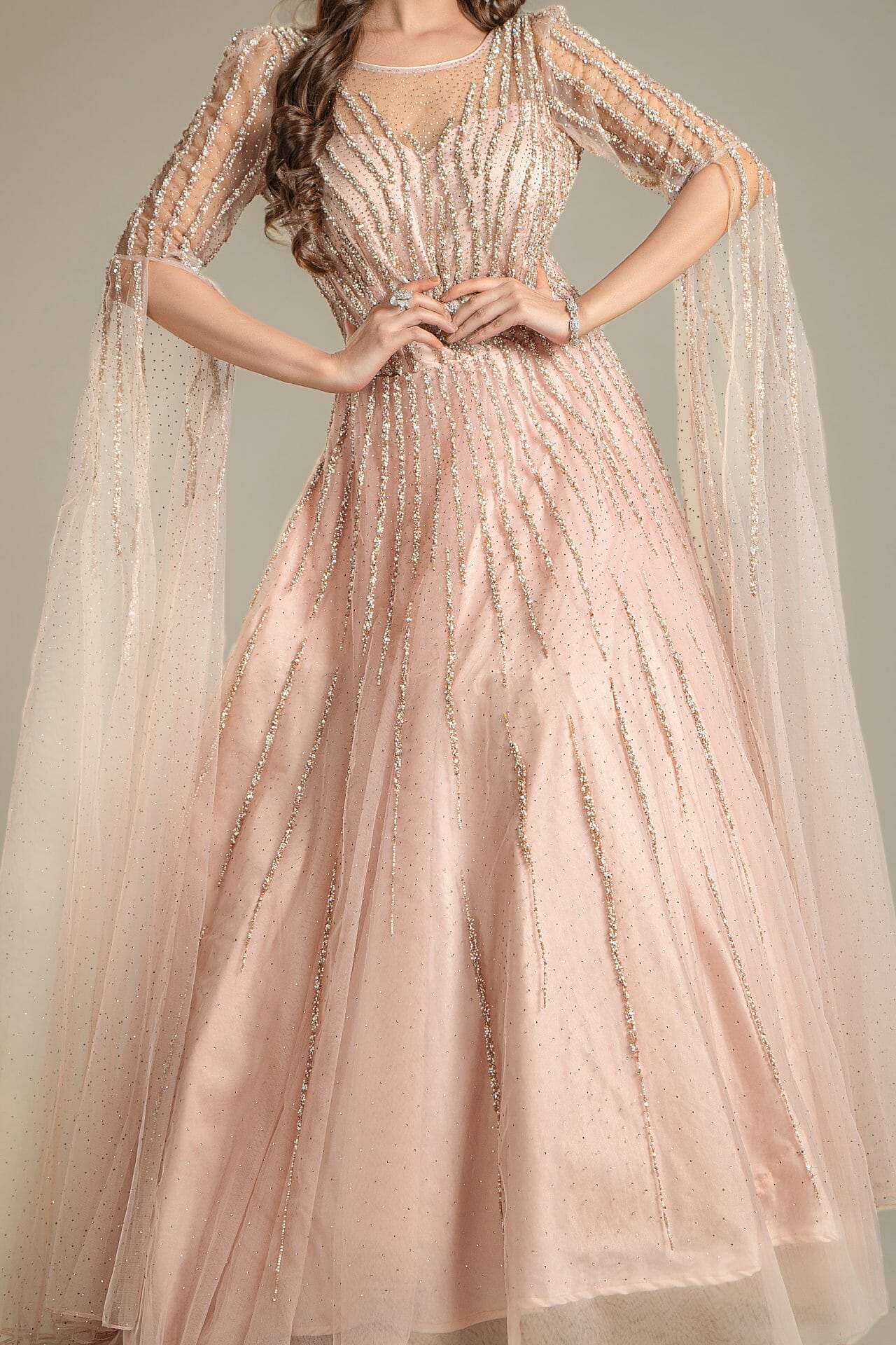 Baby Pink Flared Sleeves Net Gown - Image 3