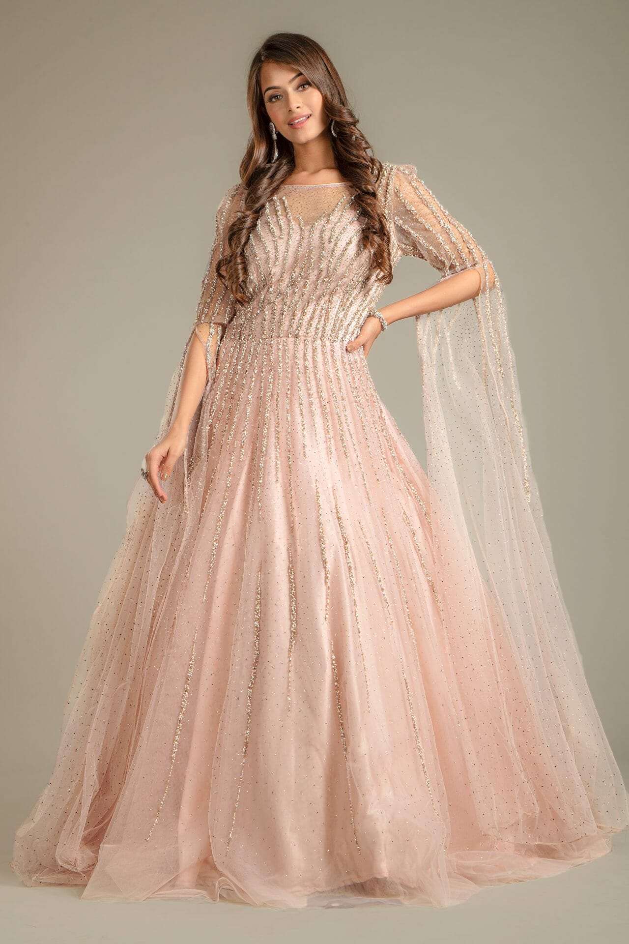 Baby Pink Flared Sleeves Net Gown - Image 4