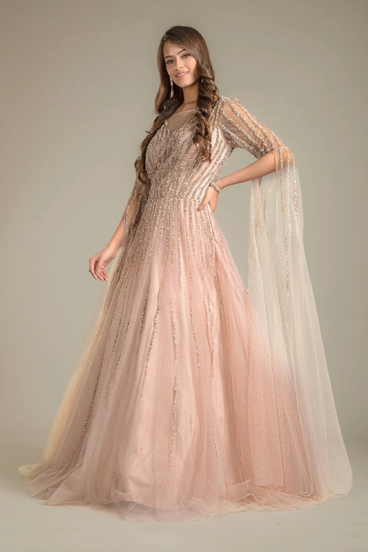 Baby Pink Flared Sleeves Net Gown - Image 5