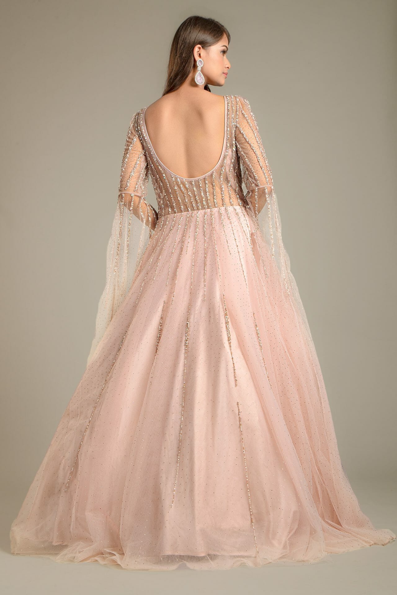 Baby Pink Flared Sleeves Net Gown - Image 7