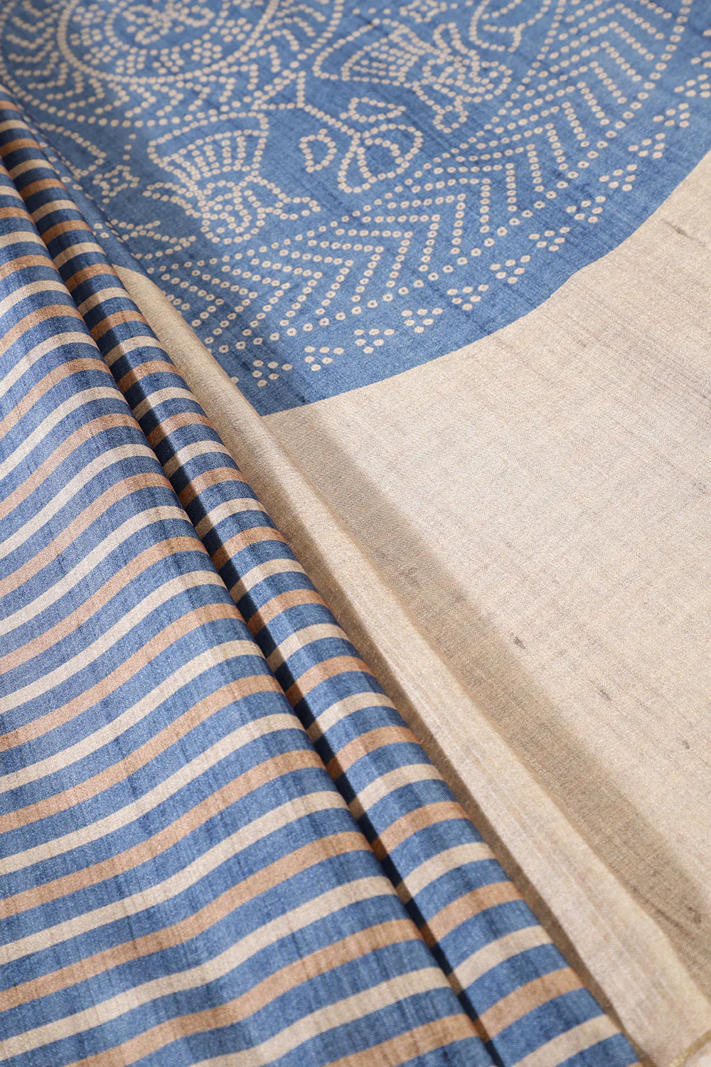 Beige And Blue Tussar Silk Printed Saree - Image 3