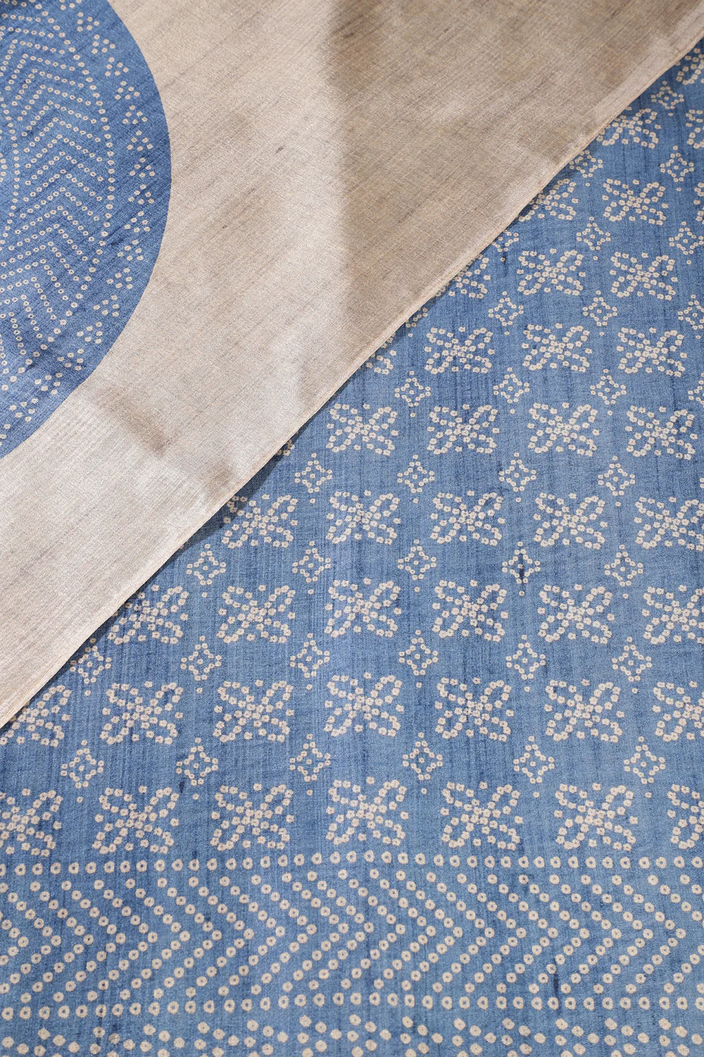 Beige And Blue Tussar Silk Printed Saree - Image 4