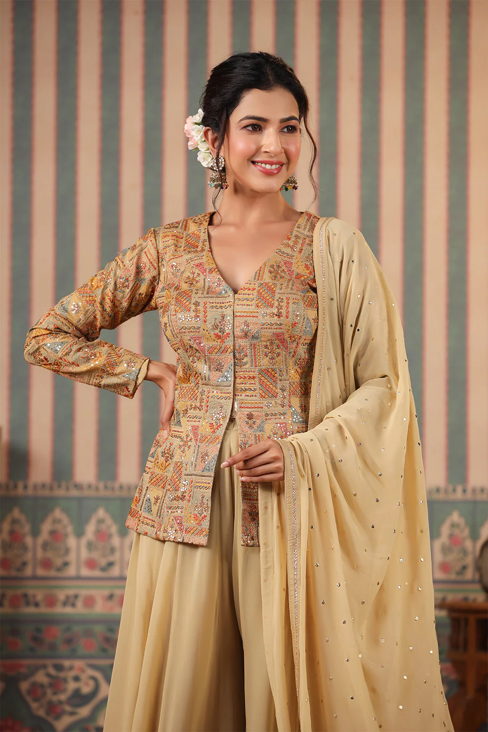 Beige Color Silk embroidered Koti With Sharara Suit Set - Image 10