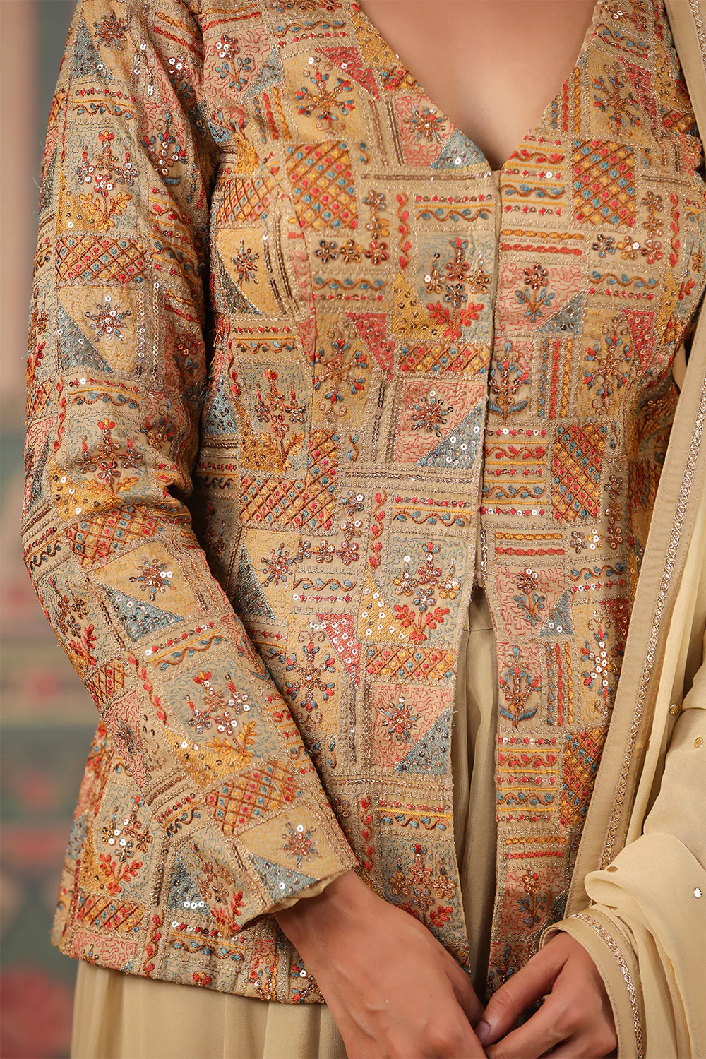 Beige Color Silk embroidered Koti With Sharara Suit Set - Image 11