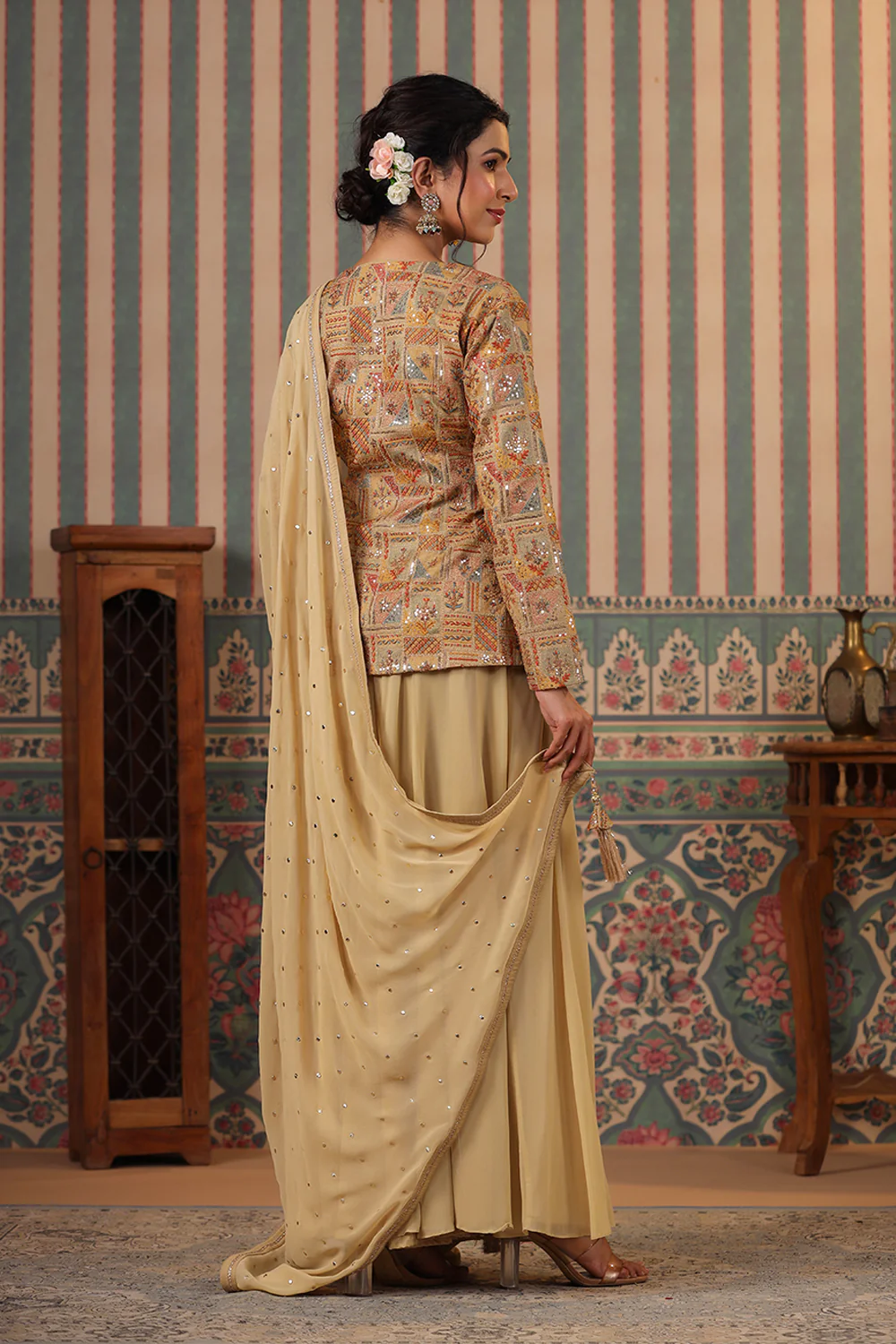 Beige Color Silk embroidered Koti With Sharara Suit Set - Image 12