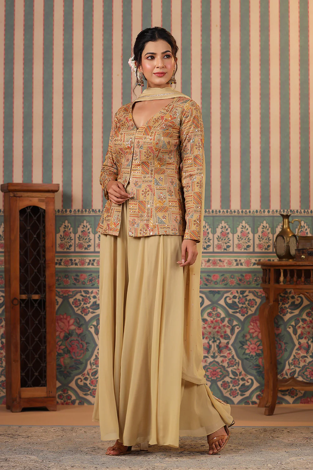 Beige Color Silk embroidered Koti With Sharara Suit Set - Image 3