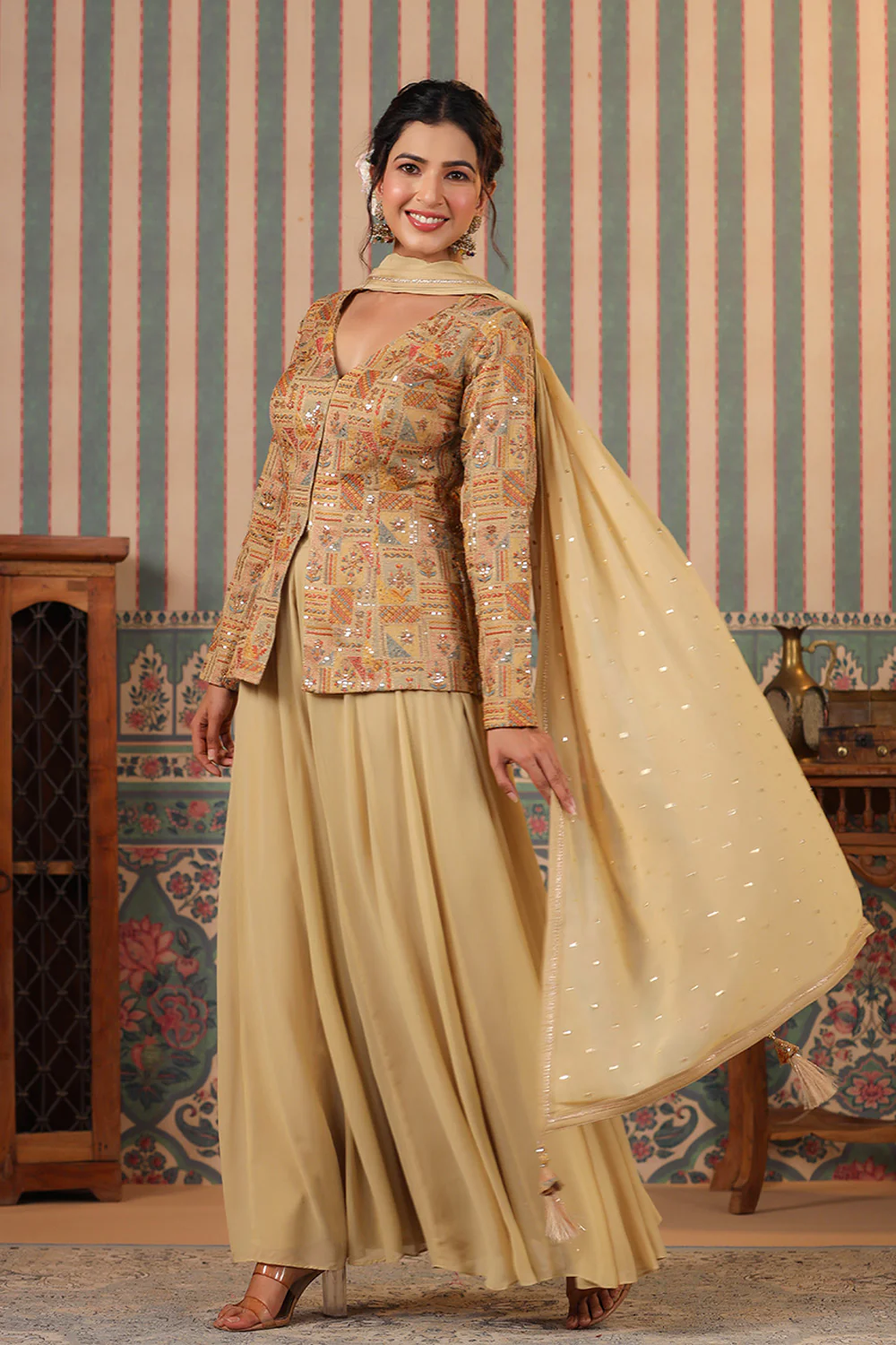 Beige Color Silk embroidered Koti With Sharara Suit Set - Image 4