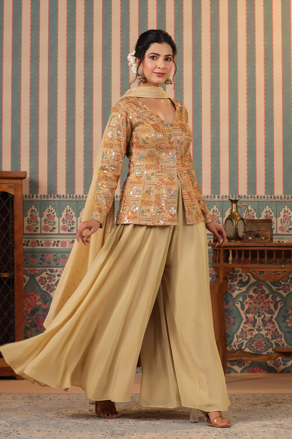 Beige Color Silk embroidered Koti With Sharara Suit Set - Image 5