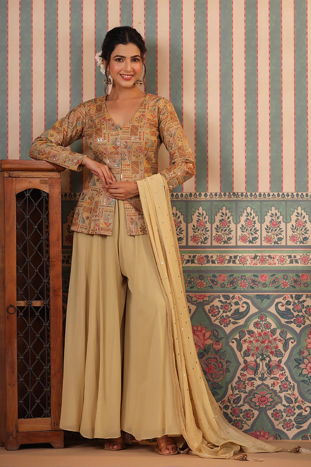 Beige Color Silk embroidered Koti With Sharara Suit Set - Image 6