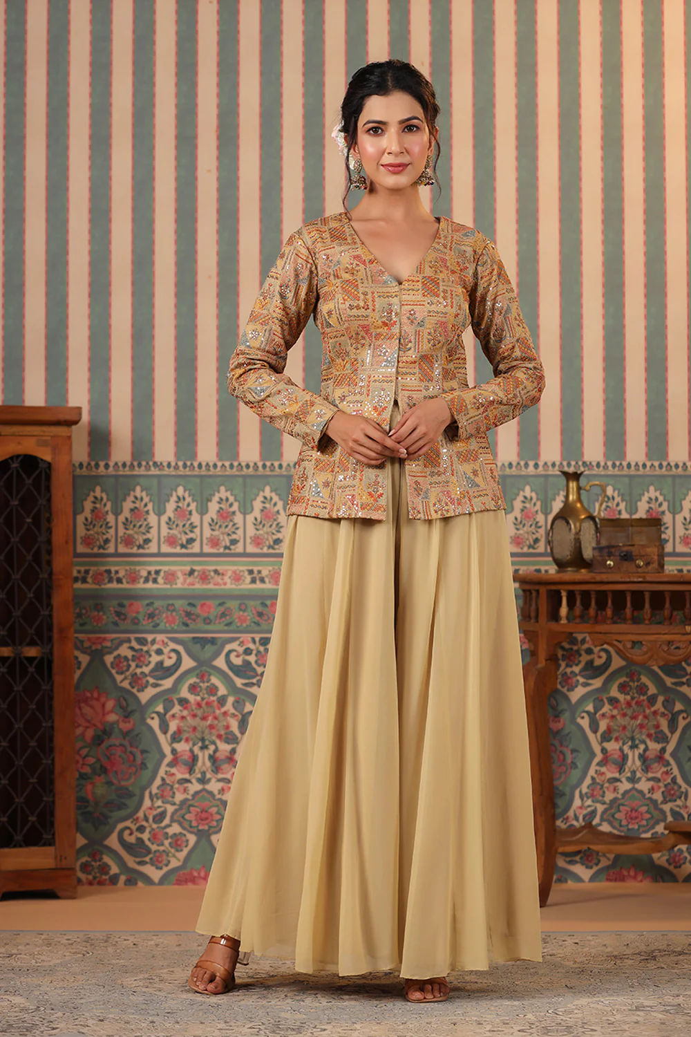 Beige Color Silk embroidered Koti With Sharara Suit Set - Image 7