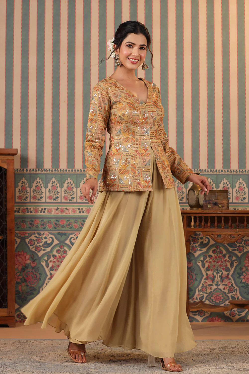 Beige Color Silk embroidered Koti With Sharara Suit Set - Image 8