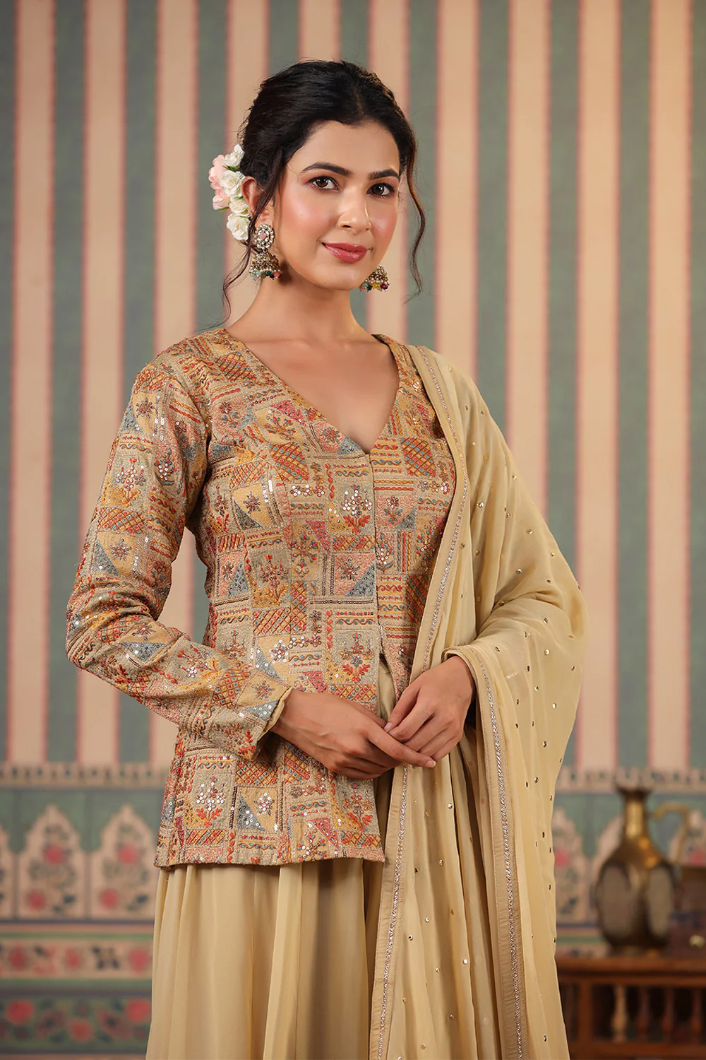 Beige Color Silk embroidered Koti With Sharara Suit Set - Image 9