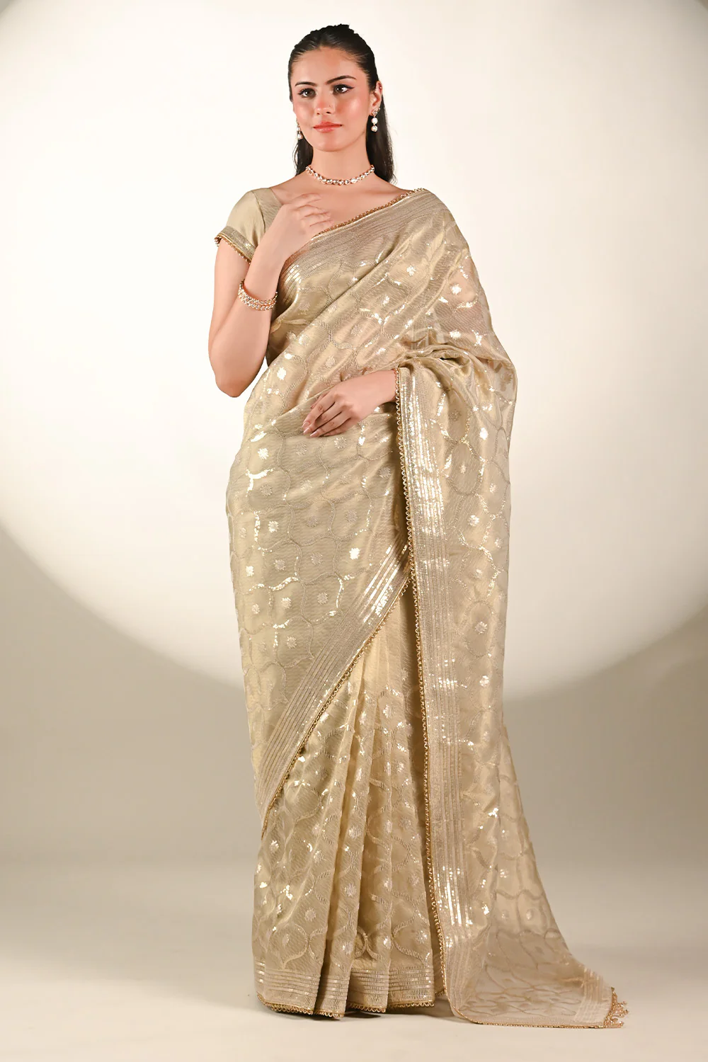 Beige Color Tissue Silk Resham & Sequins Embroidered Saree