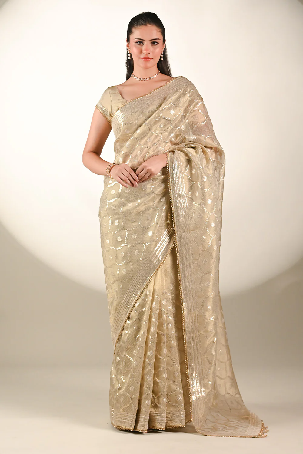 Beige Color Tissue Silk Resham & Sequins Embroidered Saree - Image 2