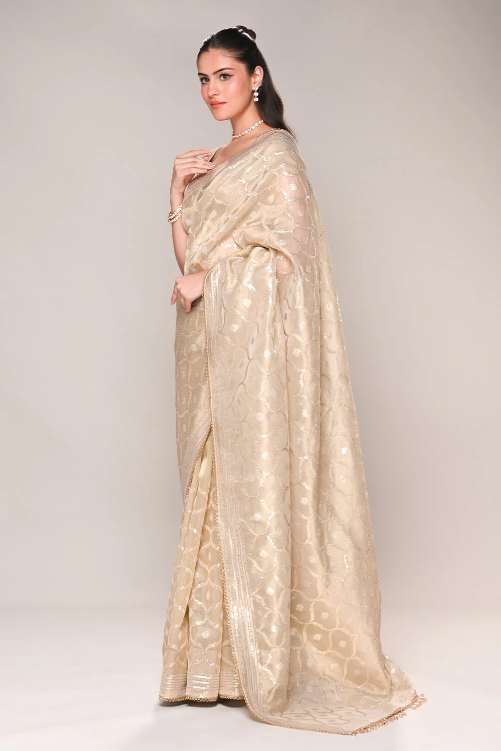 Beige Color Tissue Silk Resham & Sequins Embroidered Saree - Image 6