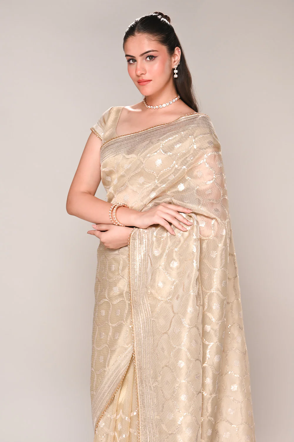 Beige Color Tissue Silk Resham & Sequins Embroidered Saree - Image 7