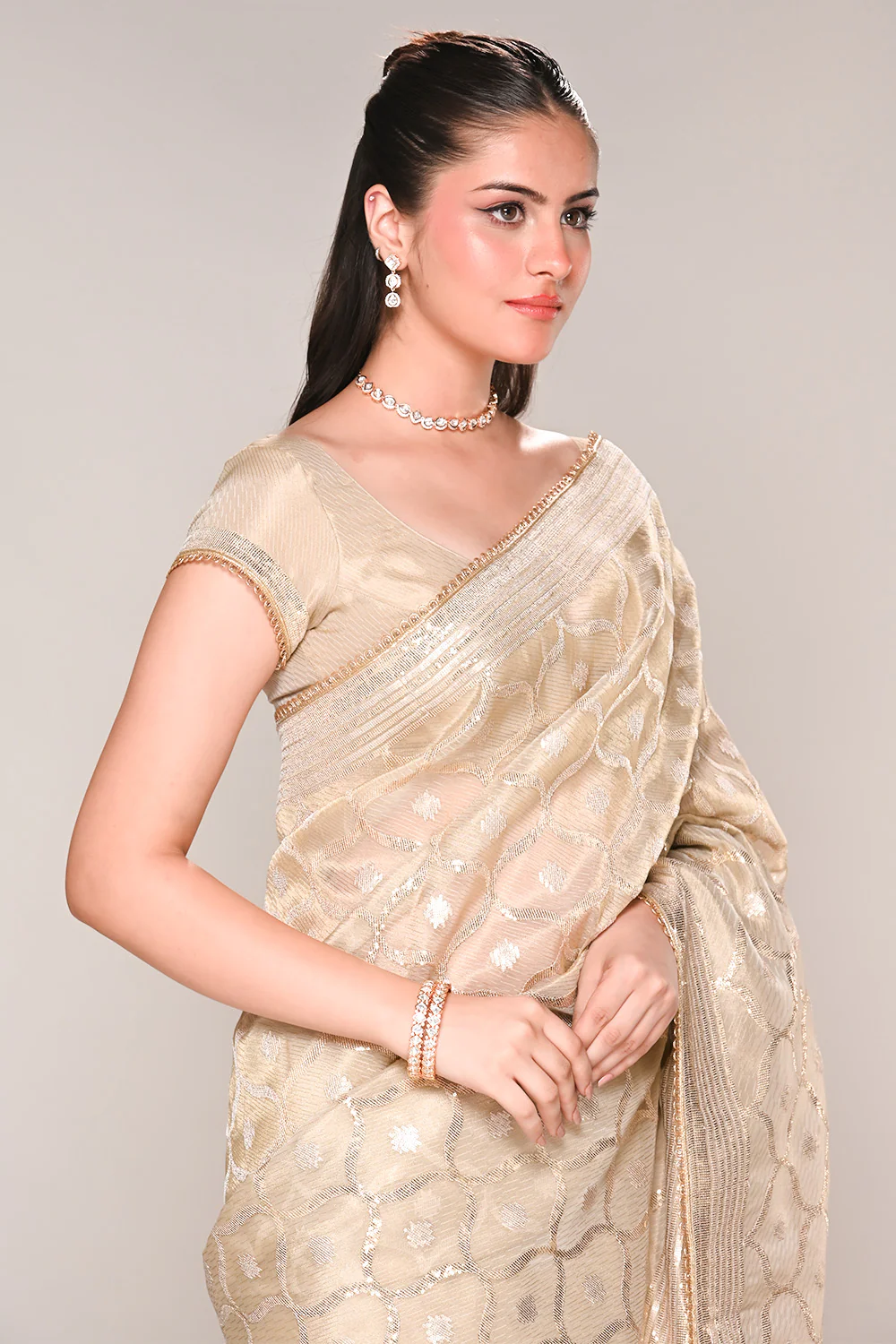 Beige Color Tissue Silk Resham & Sequins Embroidered Saree - Image 9