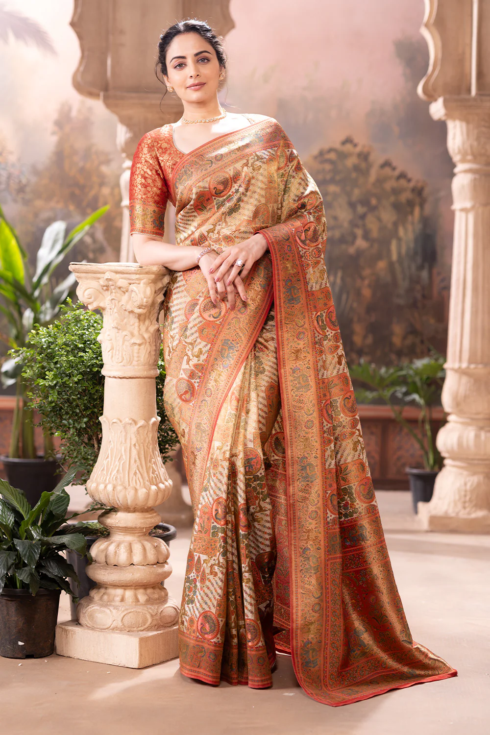 Beige Colour Position Print Woven Silk Saree - Image 2