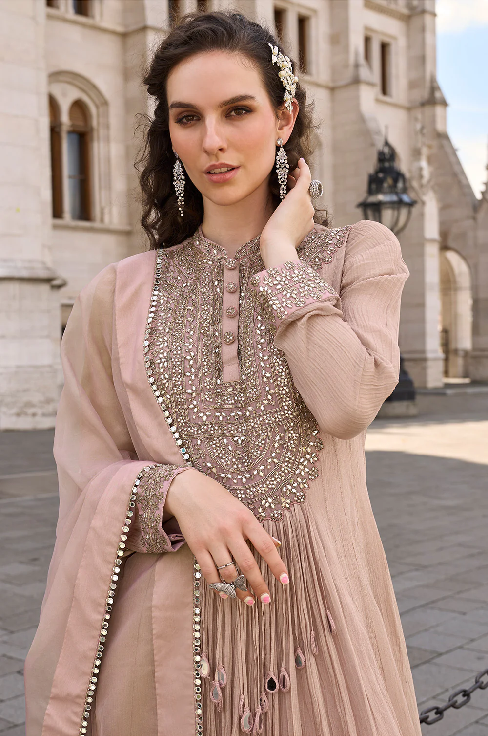 Beige Crush Tissue Mirror Work Anarkali Gown - Image 3