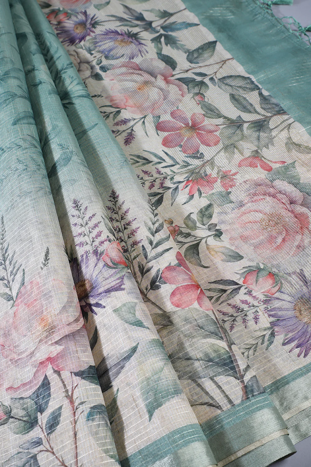 Beige & Green Metallic Tissue Floral Printed Saree - Image 2