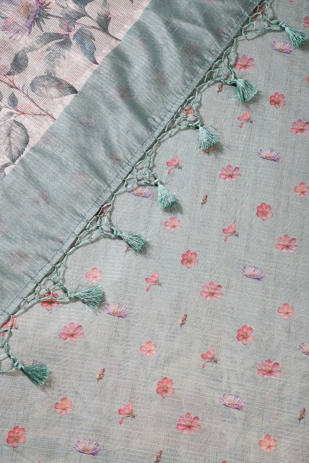 Beige & Green Metallic Tissue Floral Printed Saree - Image 3