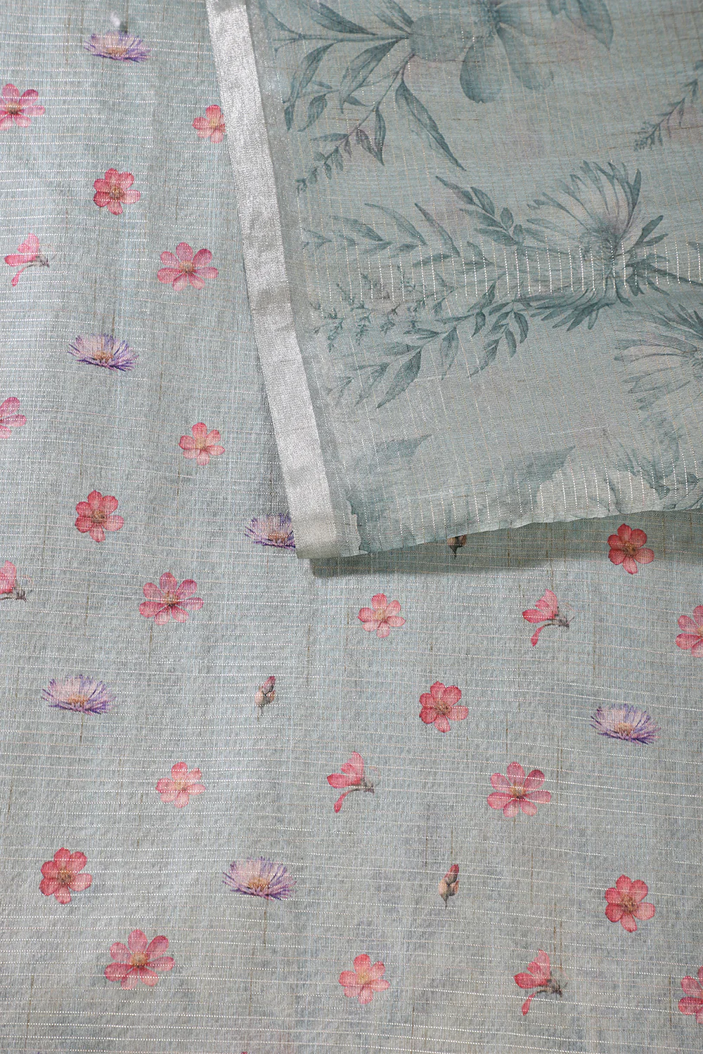 Beige & Green Metallic Tissue Floral Printed Saree - Image 4