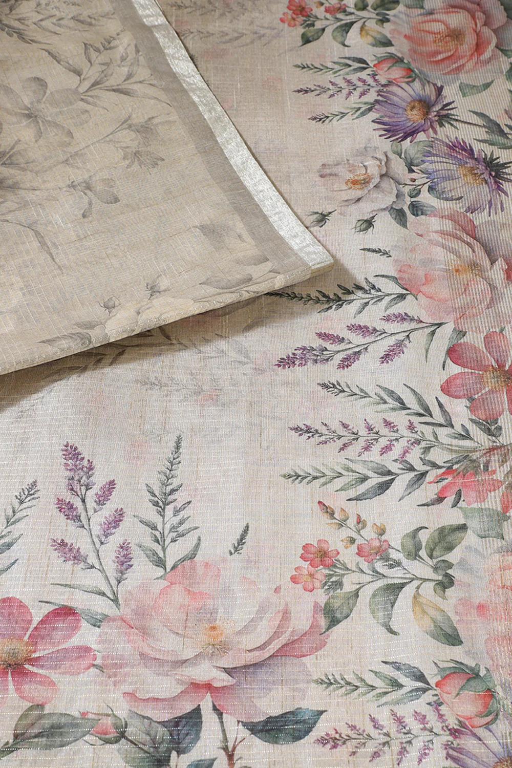 Beige Metallic Tissue Floral Printed Saree - Image 2