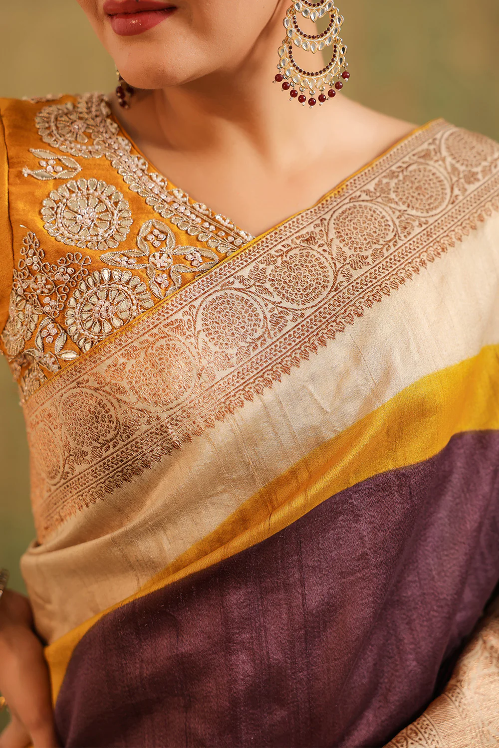 Beige & Mustard Pure Tussar Silk Woven And Embroidered Saree - Image 10