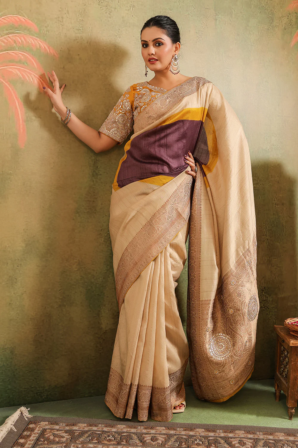 Beige & Mustard Pure Tussar Silk Woven And Embroidered Saree - Image 6