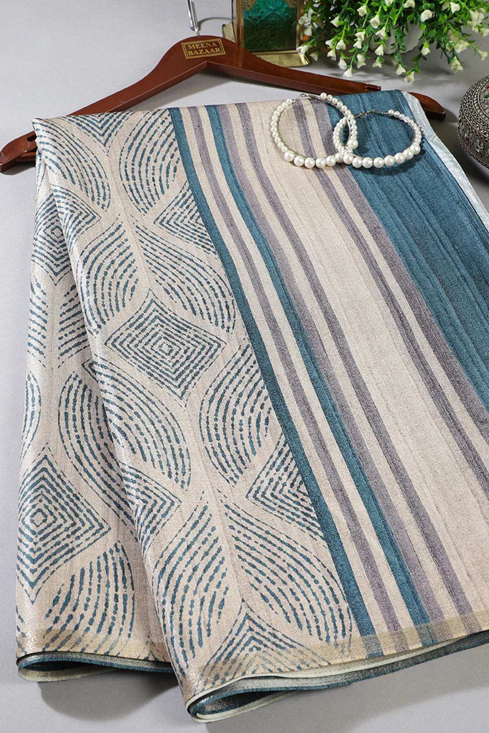 Beige & Pecific Blue Tussar Silk Printed Saree