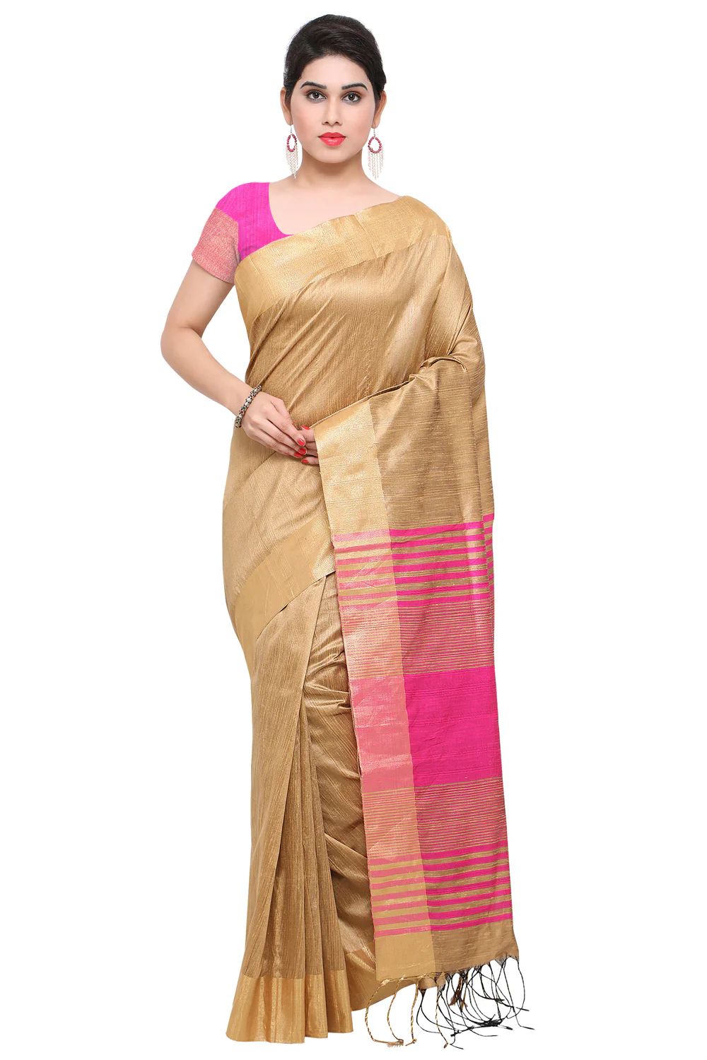 Beige & Pink Colour Silk Woven Saree