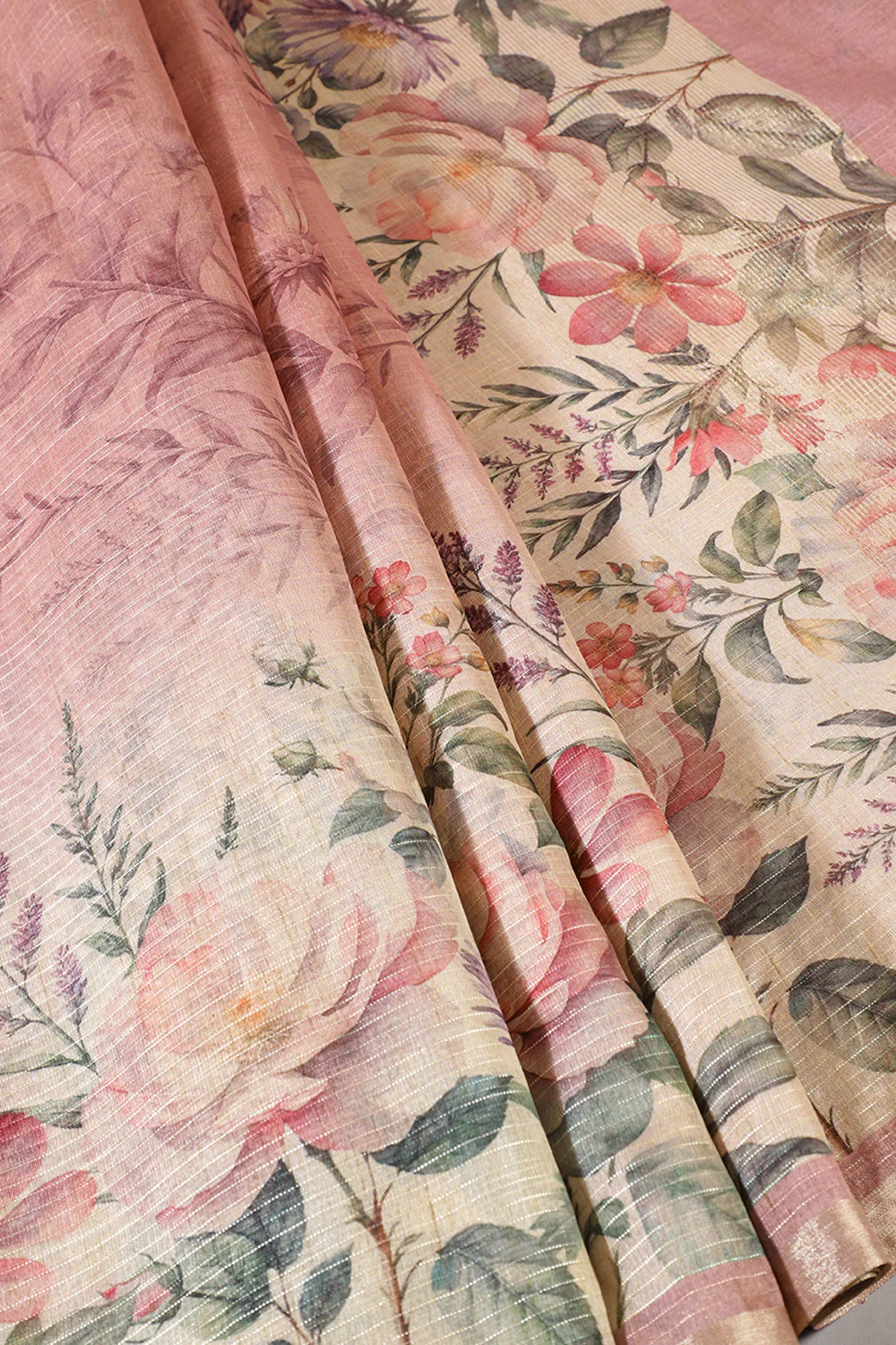 Beige & Pink Metallic Tissue Floral Printed Saree - Image 2