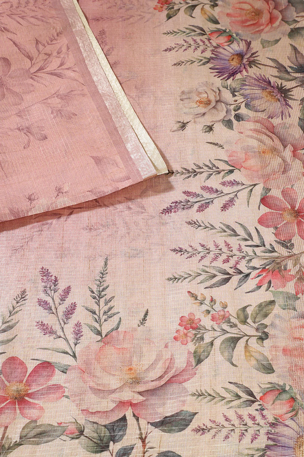Beige & Pink Metallic Tissue Floral Printed Saree - Image 3