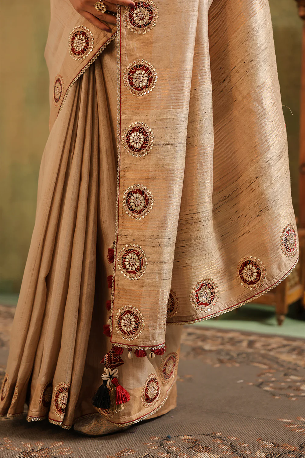 Beige Pure Tussar Embroidered Saree - Image 10