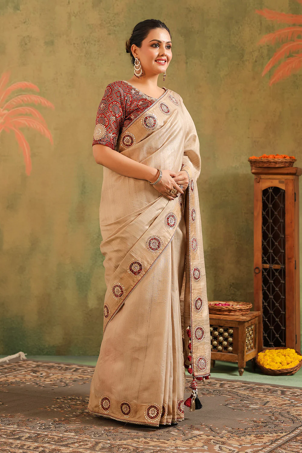 Beige Pure Tussar Embroidered Saree - Image 2