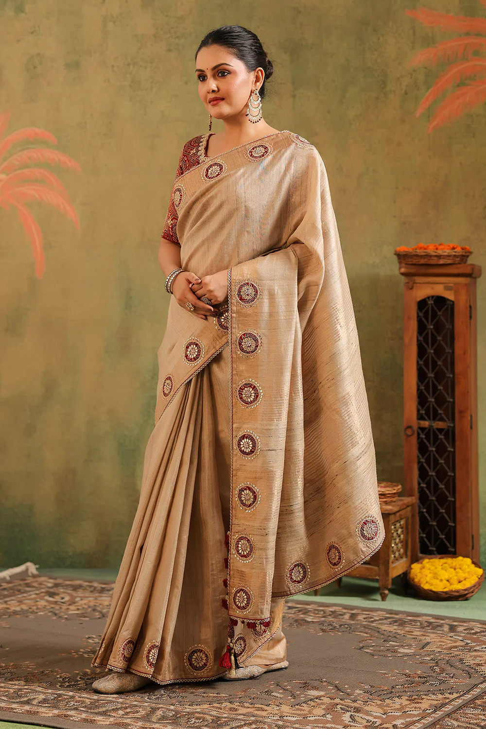 Beige Pure Tussar Embroidered Saree - Image 6