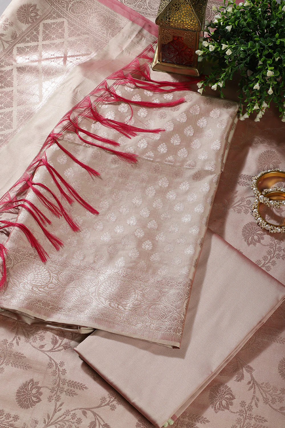 Beige Silk Buta Motifs Woven Unstitched Suit Fabric - Image 2
