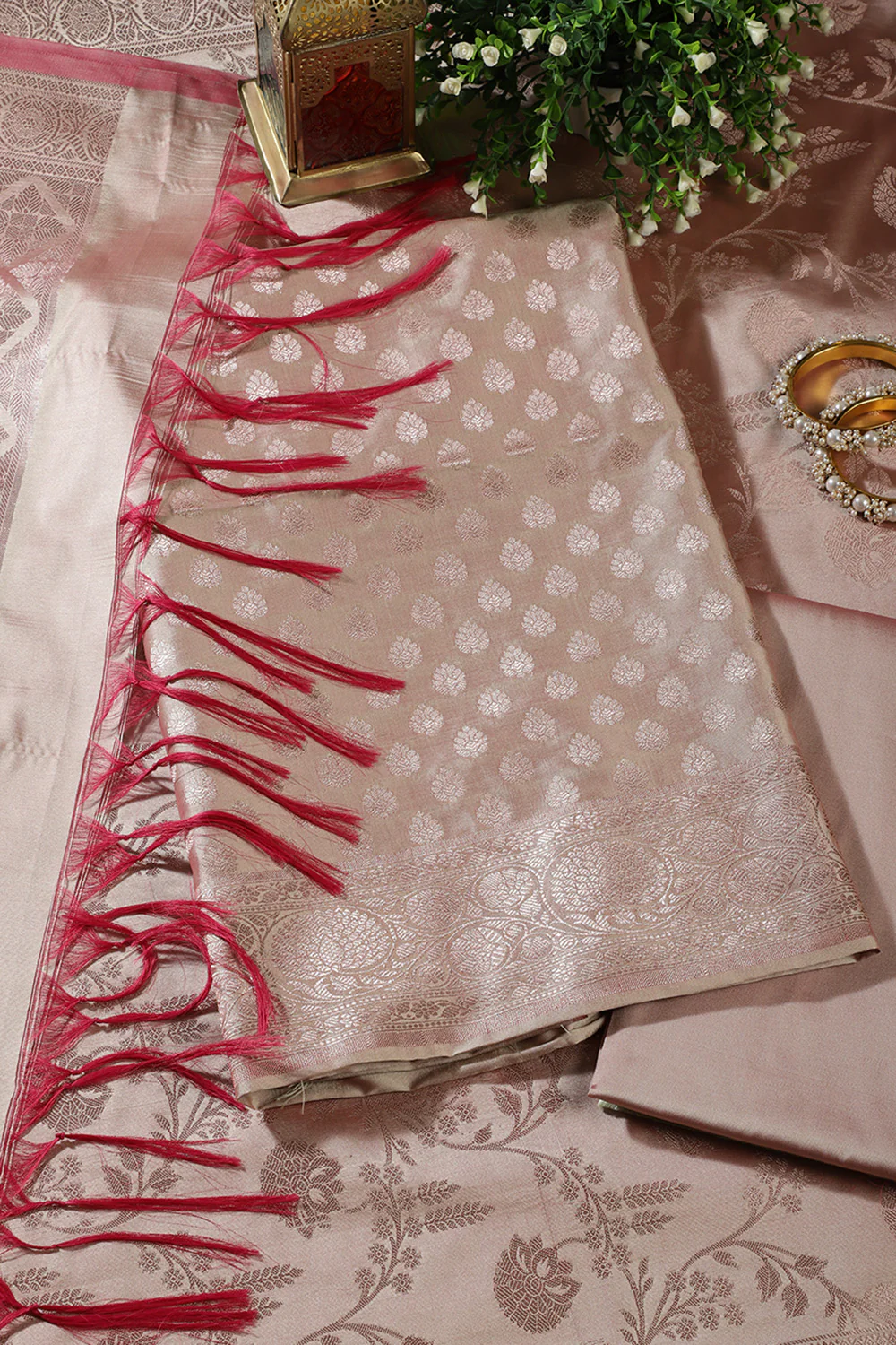 Beige Silk Buta Motifs Woven Unstitched Suit Fabric - Image 3