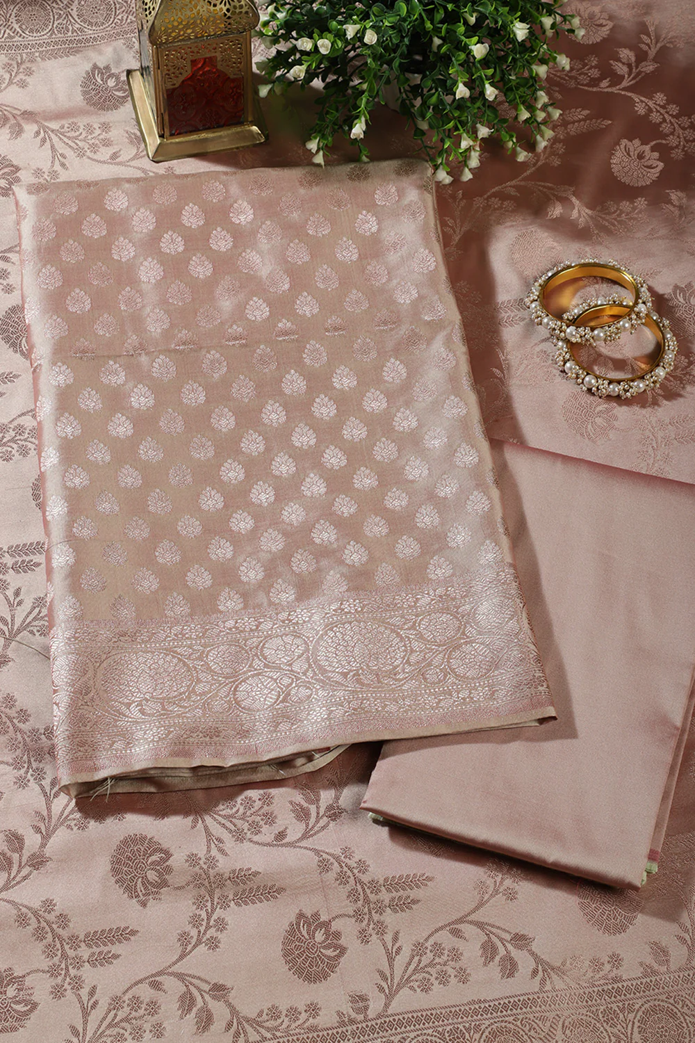 Beige Silk Buta Motifs Woven Unstitched Suit Fabric - Image 4